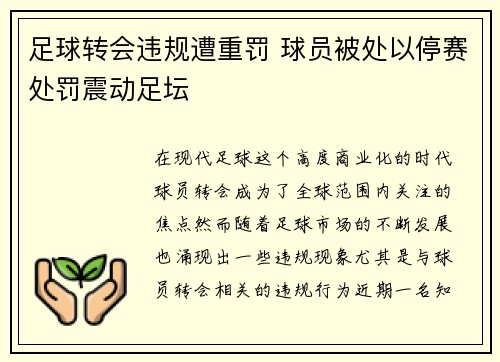 足球转会违规遭重罚 球员被处以停赛处罚震动足坛