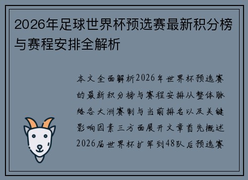 2026年足球世界杯预选赛最新积分榜与赛程安排全解析