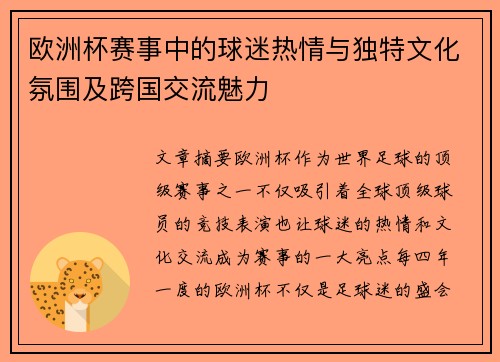 欧洲杯赛事中的球迷热情与独特文化氛围及跨国交流魅力